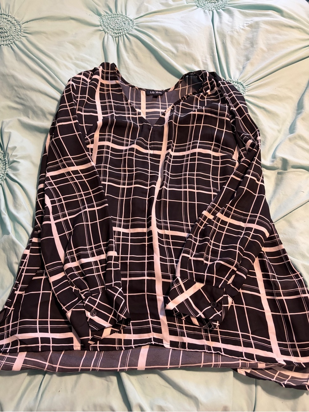 Black and White Plaid V-Neck Blouse